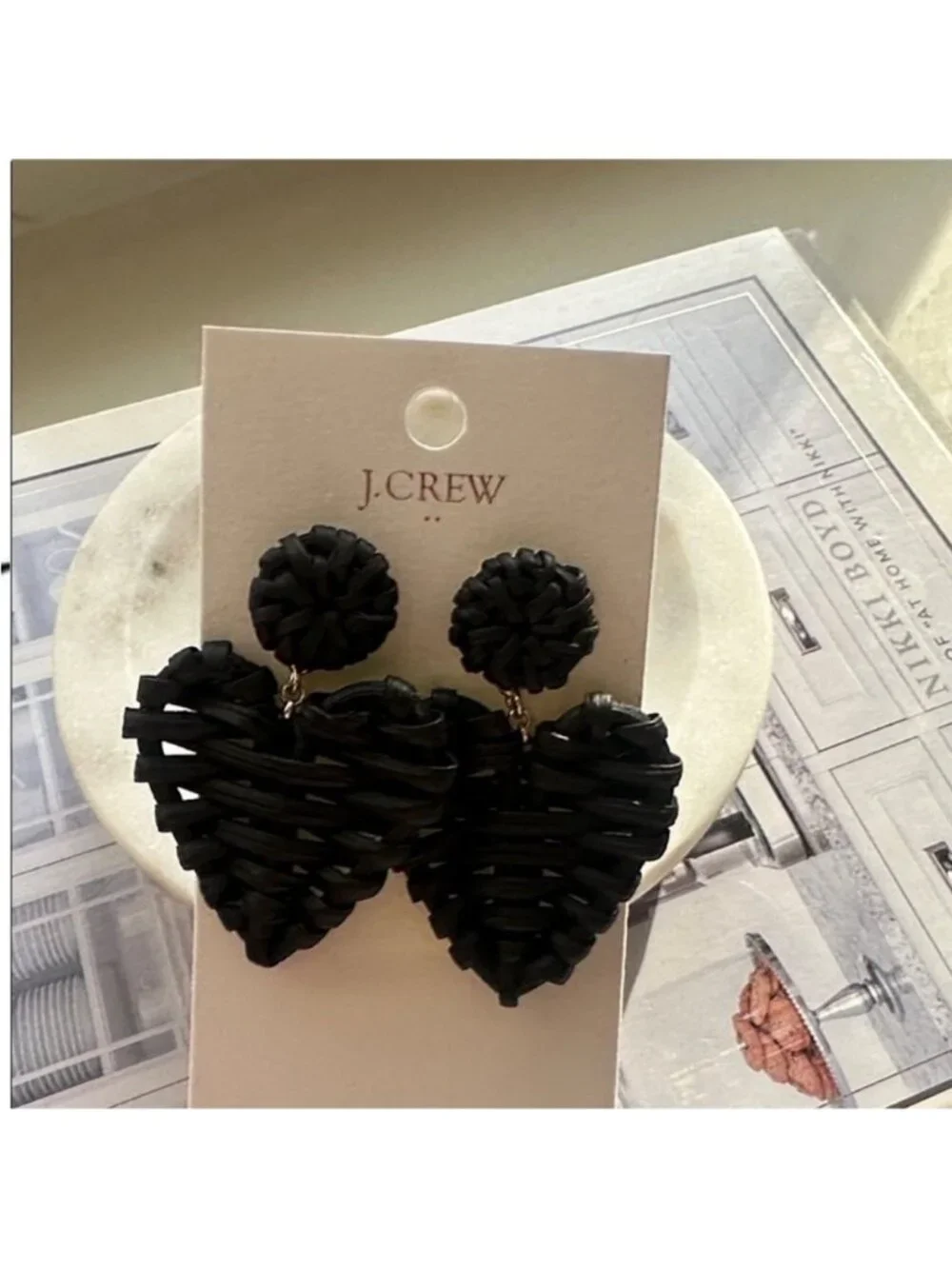 New! JCREW Black Woven Heart Earrings (2006) NWT
